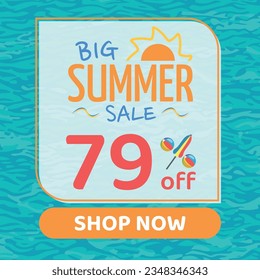 Big Summer Sale 79% off, Orange and Blue, Beach Balls and Beach Umbrella form the Percentage Symbol, Pool Water Background, Shop Now