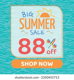 Big Summer Sale 88% off, Orange and Blue, Beach Balls and Beach Umbrella form the Percentage Symbol, Pool Water Background, Shop Now