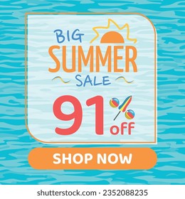 Big Summer Sale 91% off, Orange and Blue, Beach Balls and Beach Umbrella form the Percentage Symbol, Pool Water Background, Shop Now