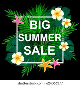Big summer sale. Summer background with tropical flowers on black background.  Vector illustration