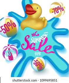 Big summer sale banner with rubber toys in a sweaming pool. Vector illustration