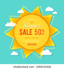 Big summer sale banner. Sun with rays, clouds and sign. Summer template poster design for print or web. Vector discount background. 