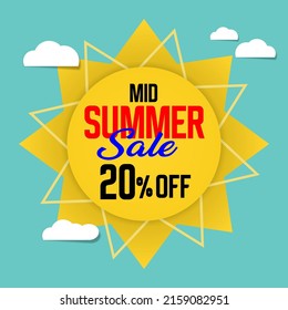 Big summer sale banner. Sun with rays, clouds and sign. Summer template poster design for print or web. stock illustration