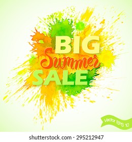 Big summer sale banner - text in yellow and green watercolor blots label, business seasonal shopping concept, vector