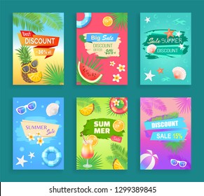 Big summer sale, best discount offer shaped ribbon and spot, vector banner. Beach party theme, inflatable ring, sun glasses, seashore and palm leaves