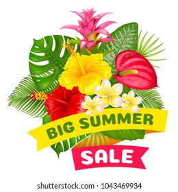 Big summer sale. Bright tropical design for ad banner or flyer with exotic leaves and flowers. Vector illustration. Isolated on white background.