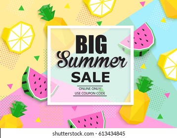 Big summer sale colorful banner with watermelon, lemon, pineapple, place for text. Trendy seasonal universal background.