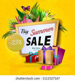 Big summer sale composition with flower and green leaves. Yellow fresh background for market special offer. Vector discount of clean template for hot sale