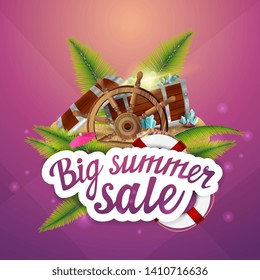Big summer sale, creative web banner for your creativity with treasure chest, ship steering wheel, palm leaves, gems and pearls