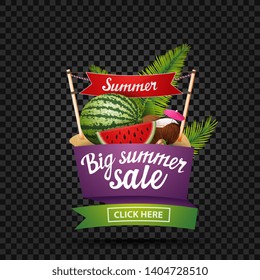 Big summer sale, discount banner isolated on a dark background in the shape of a ribbon with watermelon, coconut cocktail in coconut, sign with the inscription "summer"