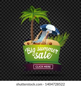 Big summer sale, discount banner isolated on a dark background in the shape of a ribbon with palm tree, beach chair and beach umbrella