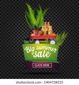 Big summer sale, discount banner isolated on a dark background in the shape of a ribbon with garden cart with sand, sand castle and potted palm