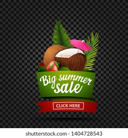 Big summer sale, discount banner isolated on a dark background in the shape of a ribbon with strawberry cocktail in coconut