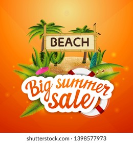 Big summer sale, discount, clickable web banner layout for your creativity with palm leaves, coconut palms and bamboo sign with the inscription "beach"