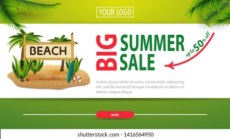 Big summer sale, discount horizontal web banner with modern, stylish design, coconut palms and bamboo sign with the inscription "beach"