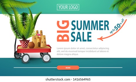 Big summer sale, discount horizontal web banner with modern, stylish design, garden cart with sand, sand castle and potted palm