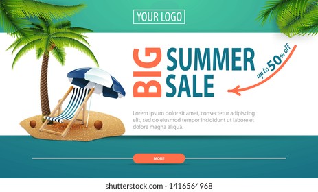 Big summer sale, discount horizontal web banner with modern, stylish design, palm tree, beach chair and beach umbrella