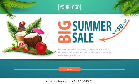 Big summer sale, discount horizontal web banner with modern, stylish design, coconut cocktail, strawberry, raspberry, cherry and ice cream on palm leaf