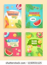 Big summer sale, discount offer, vector shaped ribbon, label and spot. Sliced fruit, inflatable ring, cocktail and surfboard, sun glasses, palm leaves