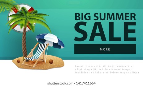 Big summer sale, discount web banner with palm tree, beach chair and beach umbrella