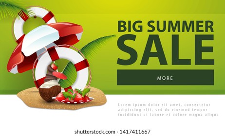 Big summer sale, discount web banner with coconut ice cream cocktail, beach umbrella, fruit, palm leaves and lifebuoy