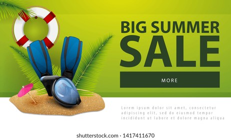Big summer sale, discount web banner with diving mask, fins and palm leaves