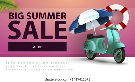 Big summer sale, discount web banner with scooter with a beach umbrella