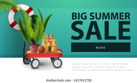 Big summer sale, discount web banner with garden cart with sand, sand castle and potted palm