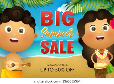 Big summer sale flyer design. Hawaiian boy and girl playing drum and ukulele with ocean in background. Vector illustration can be used for resort banners, travel posters, announcement