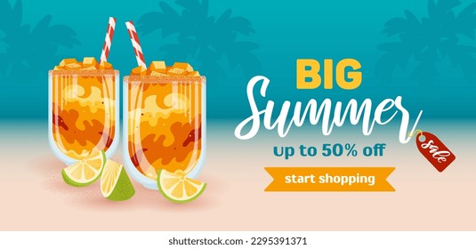 Big summer sale. Horizontal banner. Mangonada, mexican mango smoothie. Iced sorbet cocktail, sunset, palm dunes. Vector colorful food illustration. summer drinks. for cafes, restaurants, parties, menu