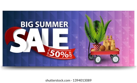 Big summer sale, horizontal discount web banner for your website with garden cart with sand, sand castle and potted palm