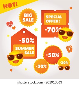 Big summer sale labels set. Hot deal collection. Vector layered illustration on white background with summer design elements