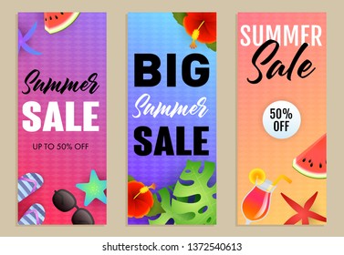 Big Summer Sale letterings set, exotic plants, cocktail. Tourism, summer offer or shopping design. Handwritten and typed text, calligraphy. For leaflets, invitations, posters or banners.