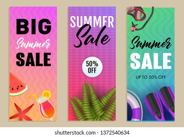 Big Summer Sale letterings set, flippers, watermelon and snorkel. Tourism, summer offer or shopping design. Handwritten and typed text, calligraphy. For brochures, invitations, posters or banners.