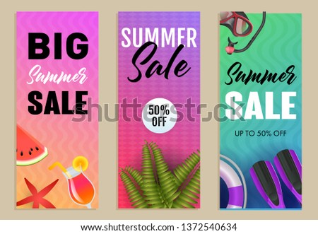 Big Summer Sale letterings set, flippers, watermelon and snorkel. Tourism, summer offer or shopping design. Handwritten and typed text, calligraphy. For brochures, invitations, posters or banners.