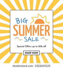 Big Summer Sale Logo in Striped Sunburst Background Yellow and White - Special Offers up to 50% off