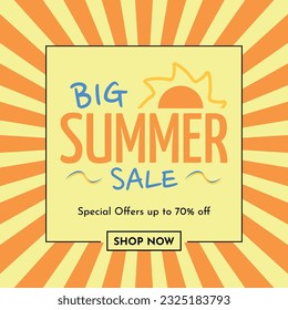 Big Summer Sale Logo in Striped Sunburst Background Orange and Yellow - Special Offers up to 70% off