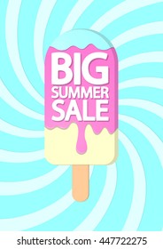 Big Summer Sale, melting ice cream on colorful background, brochure design, size A4, vector illustration