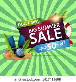 Big summer sale, modern discount web banner with diving mask, fins and palm leaves