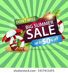 Big summer sale, modern discount web banner with coconut ice cream cocktail, beach umbrella, fruit, palm leaves and lifebuoy