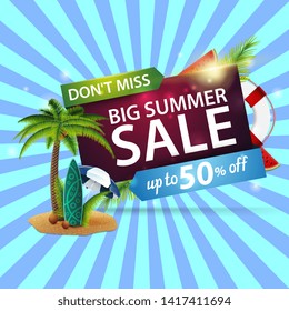 Big summer sale, modern discount web banner with palm, coconuts, beach umbrella and surf Board