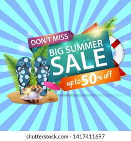 Big summer sale, modern discount web banner with flip flops, pearl and palm leaves