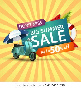 Big summer sale, modern discount web banner with scooter with a beach umbrella