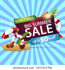 Big summer sale, modern discount web banner with coconut cocktail, beach umbrella and lifebuoy