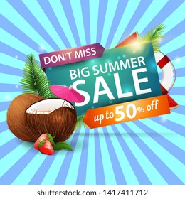 Big summer sale, modern discount web banner with strawberry cocktail in coconut