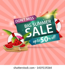 Big summer sale, modern discount web banner with watermelon slices, palm leaves and lifeline