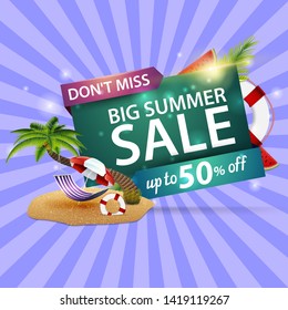 Big summer sale, modern discount web banner with palm tree, hammock and beach umbrella