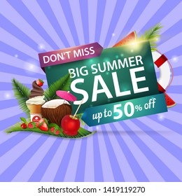 Big summer sale, modern discount web banner with coconut cocktail, strawberry, raspberry, cherry and ice cream on palm leaf