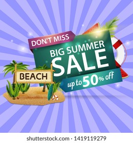 Big summer sale, modern discount web banner with coconut palms and bamboo sign with the inscription "beach"