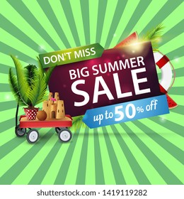 Big summer sale, modern discount web banner with garden cart with sand, sand castle and potted palm